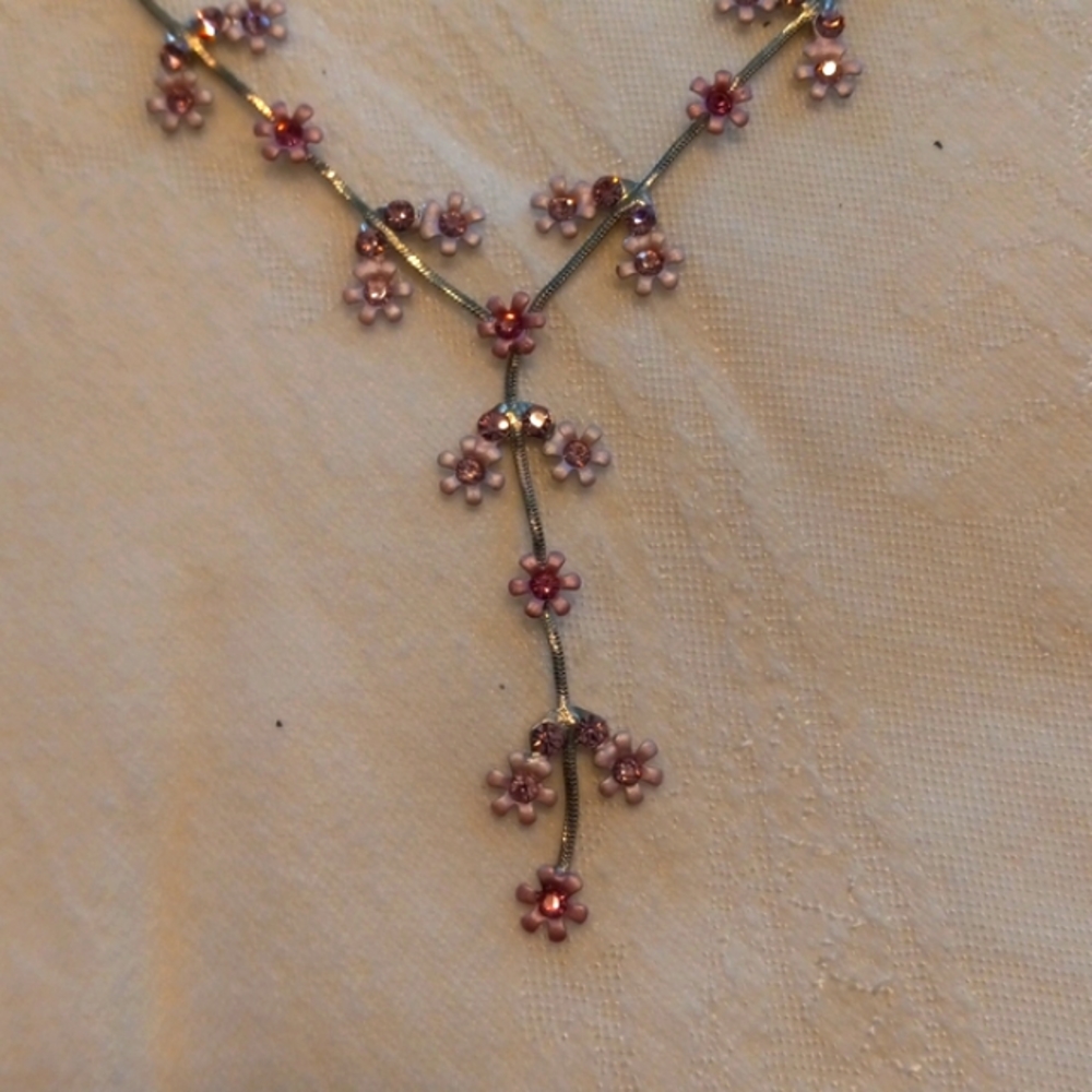 Pretty Dainty Pink Flower Rhinestone Necklace Set